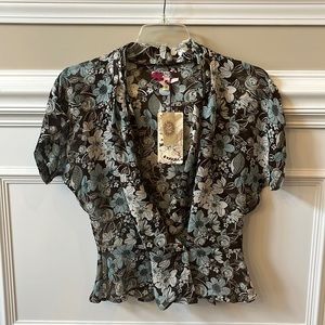 NWT Buffalo David Bitton Floral Sheer Short Sleeve Silk Blouse